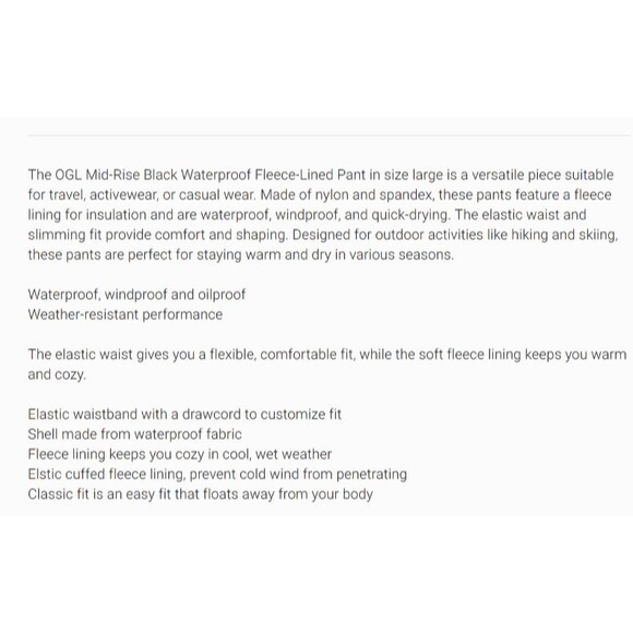 OGL Black Waterproof Fleece Lined Toggle Ankle Pull On Snow Pants Size Large - Picture 3 of 16